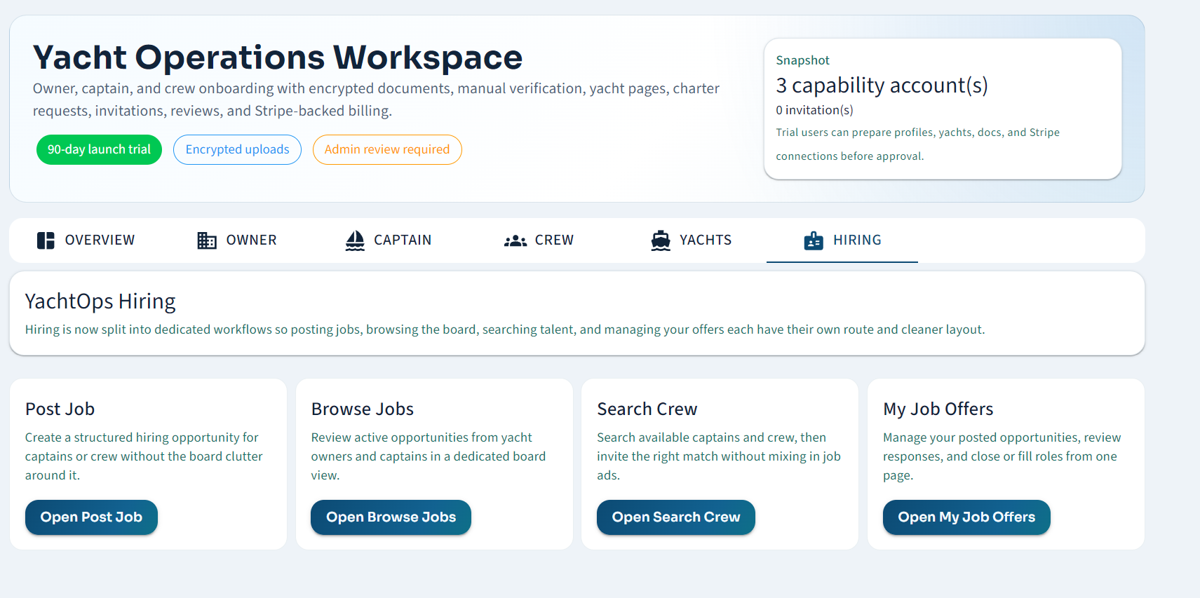 AeonSea Yacht Operations hiring workspace for posting jobs, browsing roles, searching crew, and managing offers