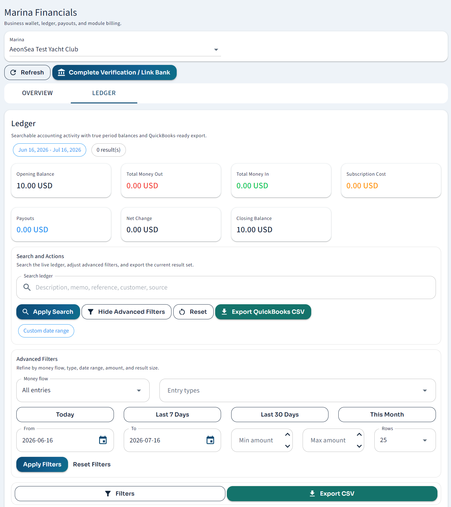 AeonSea marina ledger balances, transaction search, and financial exports