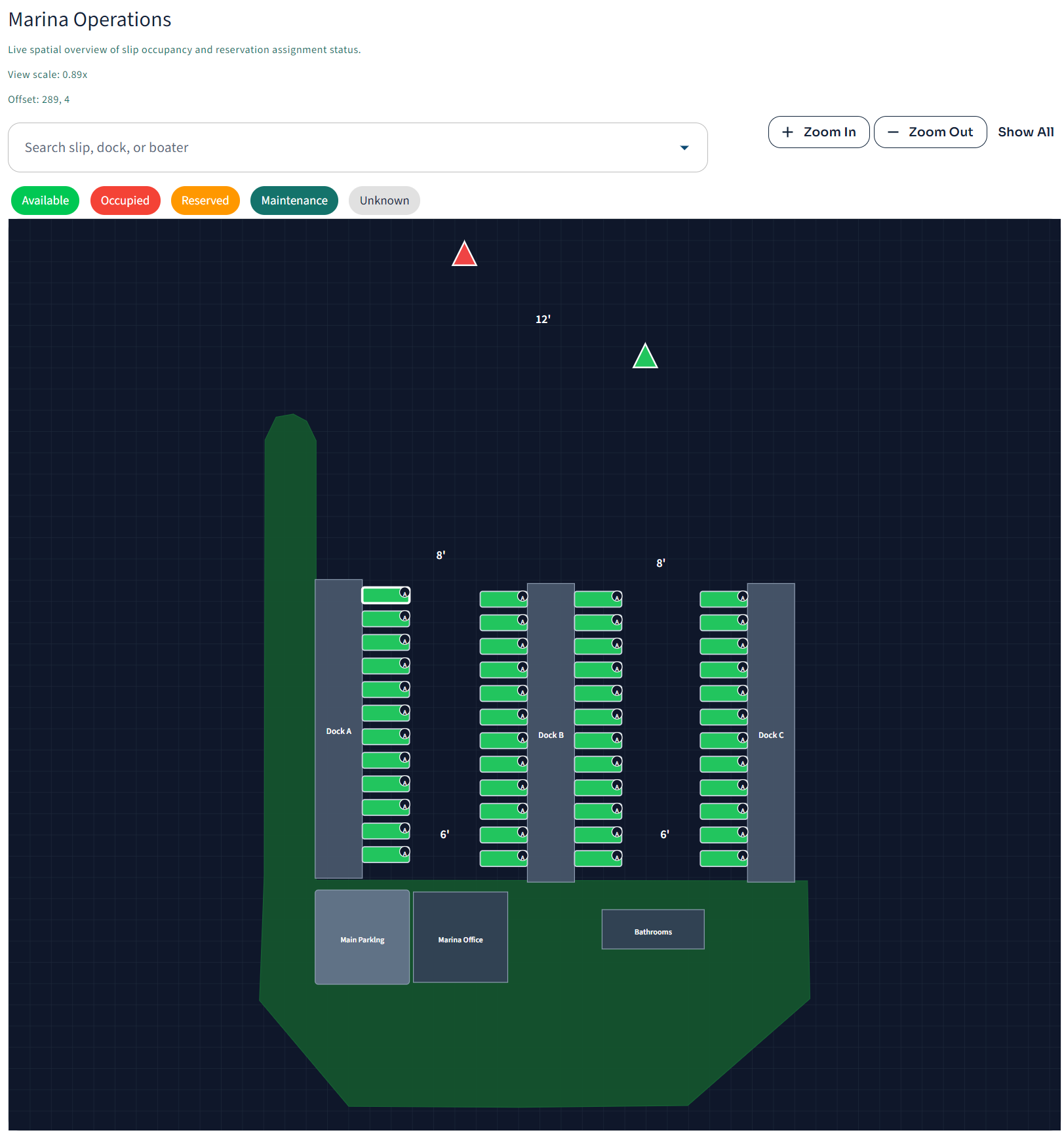 AeonSea Marina Operations spatial view with docks, slips, and occupancy statuses