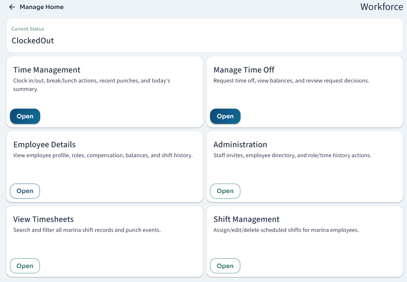 AeonSea workforce workspace with time, time off, employee, timesheet, and shift management