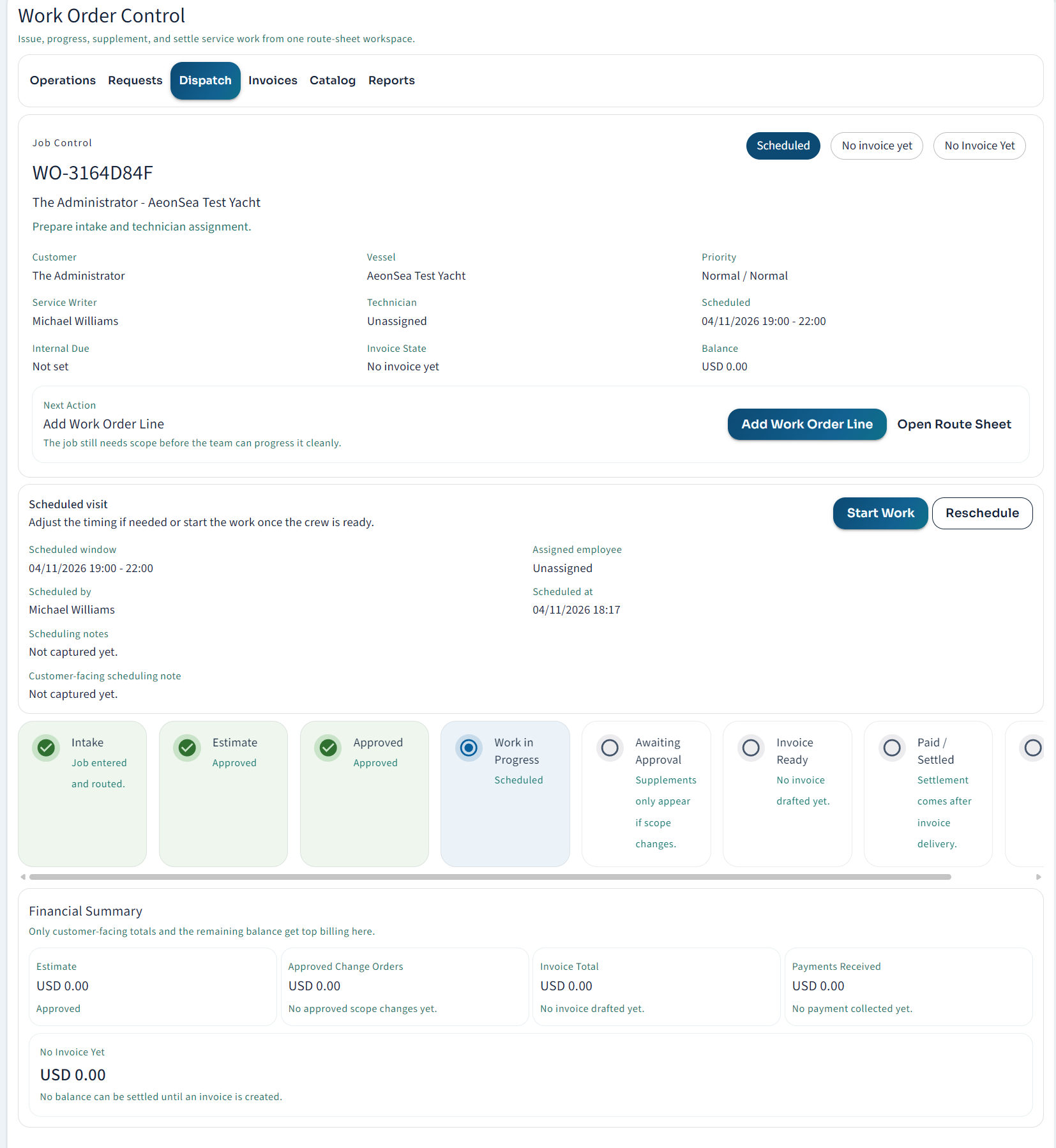 AeonSea service workflow stages and job financial summary